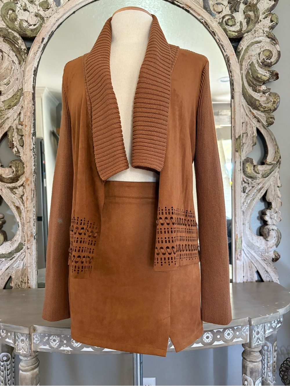 Christopher & Banks Microfiber Suede & Knit Cardigan and Mini Skirt in Tobacco